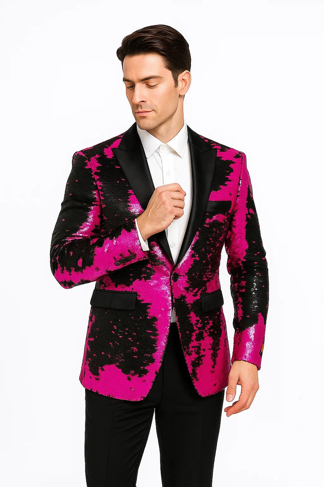 Alberto Nardoni Brand Fashion Men's Fuchsia Pink & Black Lapel Blazer ~ Sport Coat Tuxedo Dinner Jacket Sequin ~ Shiny Paisley