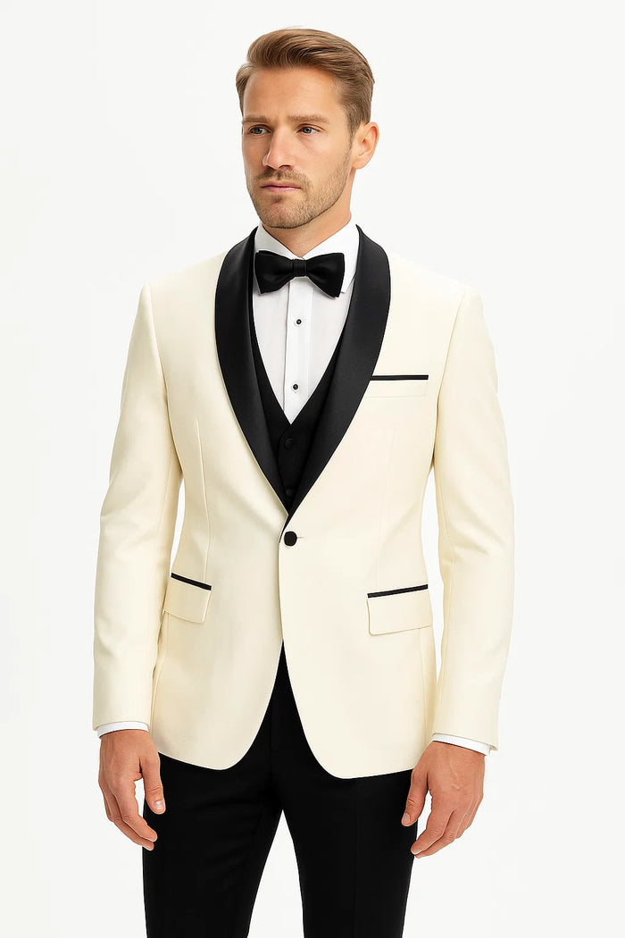 Champagne Suit Men's Cream ~ Ivory ~ Off White Dinner Jacket 1 Button Blazer Sport Coat Black Lapel + Matching Vest & Pants As soon on the picture + Free Shirt & Bowtie