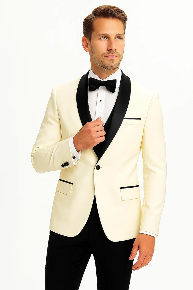 Champagne Suit Men's Cream ~ Ivory ~ Off White Dinner Jacket 1 Button Blazer Sport Coat Black Lapel + Matching Vest & Pants As soon on the picture + Free Shirt & Bowtie