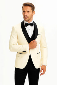 Champagne Suit Men's Cream ~ Ivory ~ Off White Dinner Jacket 1 Button Blazer Sport Coat Black Lapel + Matching Vest & Pants As soon on the picture + Free Shirt & Bowtie
