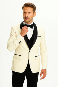 Champagne Suit Men's Cream ~ Ivory ~ Off White Dinner Jacket 1 Button Blazer Sport Coat Black Lapel + Matching Vest & Pants As soon on the picture + Free Shirt & Bowtie