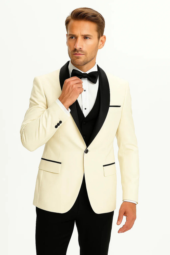Champagne Suit Men's Cream ~ Ivory ~ Off White Dinner Jacket 1 Button Blazer Sport Coat Black Lapel + Matching Vest & Pants As soon on the picture + Free Shirt & Bowtie