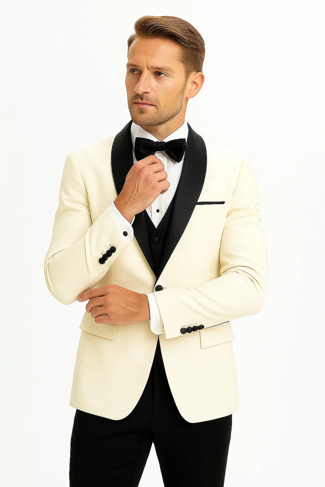 Champagne Suit Men's Cream ~ Ivory ~ Off White Dinner Jacket 1 Button Blazer Sport Coat Black Lapel + Matching Vest & Pants As soon on the picture + Free Shirt & Bowtie