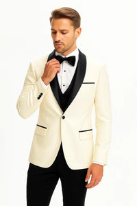 Champagne Suit Men's Cream ~ Ivory ~ Off White Dinner Jacket 1 Button Blazer Sport Coat Black Lapel + Matching Vest & Pants As soon on the picture + Free Shirt & Bowtie