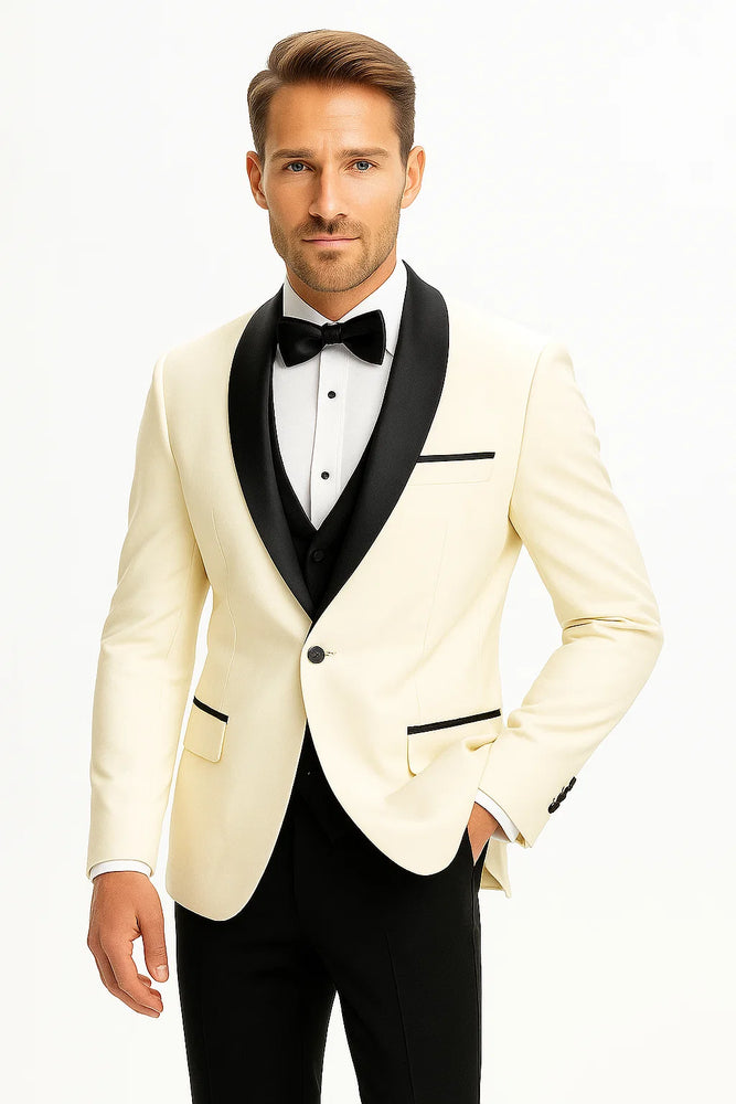 Champagne Suit Men's Cream ~ Ivory ~ Off White Dinner Jacket 1 Button Blazer Sport Coat Black Lapel + Matching Vest & Pants As soon on the picture + Free Shirt & Bowtie