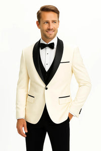 Champagne Suit Men's Cream ~ Ivory ~ Off White Dinner Jacket 1 Button Blazer Sport Coat Black Lapel + Matching Vest & Pants As soon on the picture + Free Shirt & Bowtie