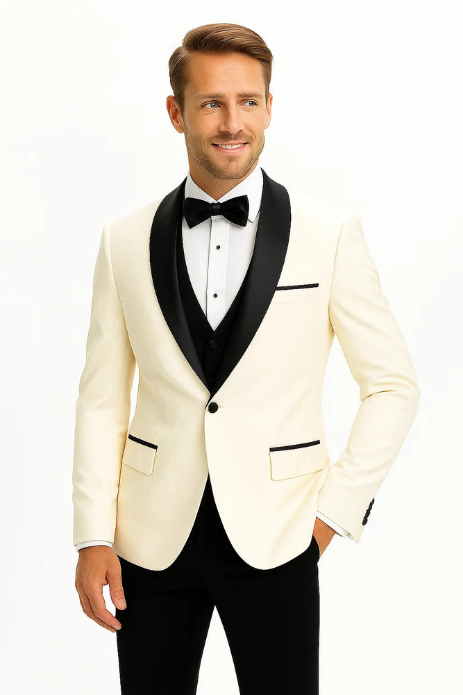 Champagne Suit Men's Cream ~ Ivory ~ Off White Dinner Jacket 1 Button Blazer Sport Coat Black Lapel + Matching Vest & Pants As soon on the picture + Free Shirt & Bowtie
