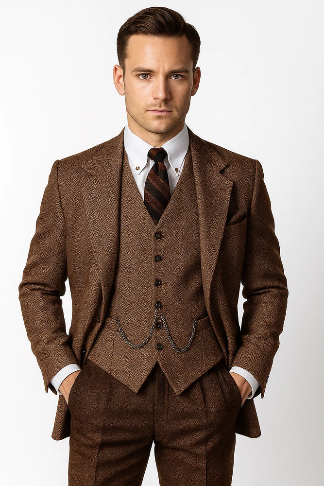 Mens Vested Great Gatsby Tweed Herringbone Tobey Maguire Suit in Light Brown