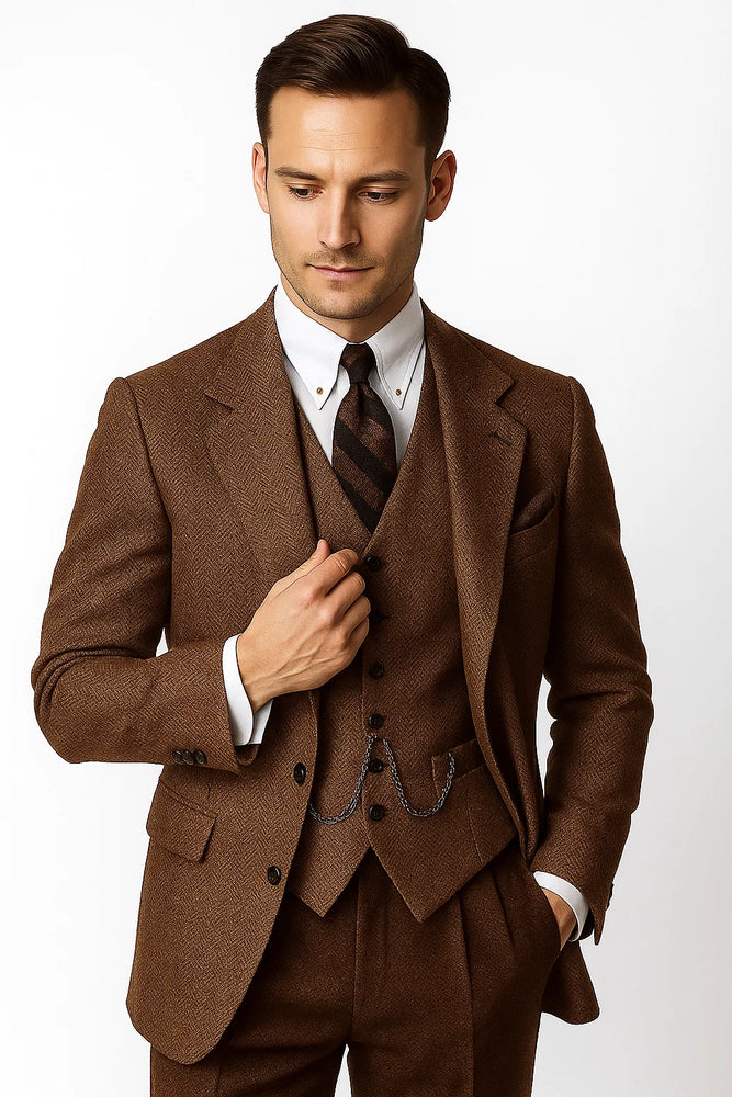 Mens Vested Great Gatsby Tweed Herringbone Tobey Maguire Suit in Light Brown