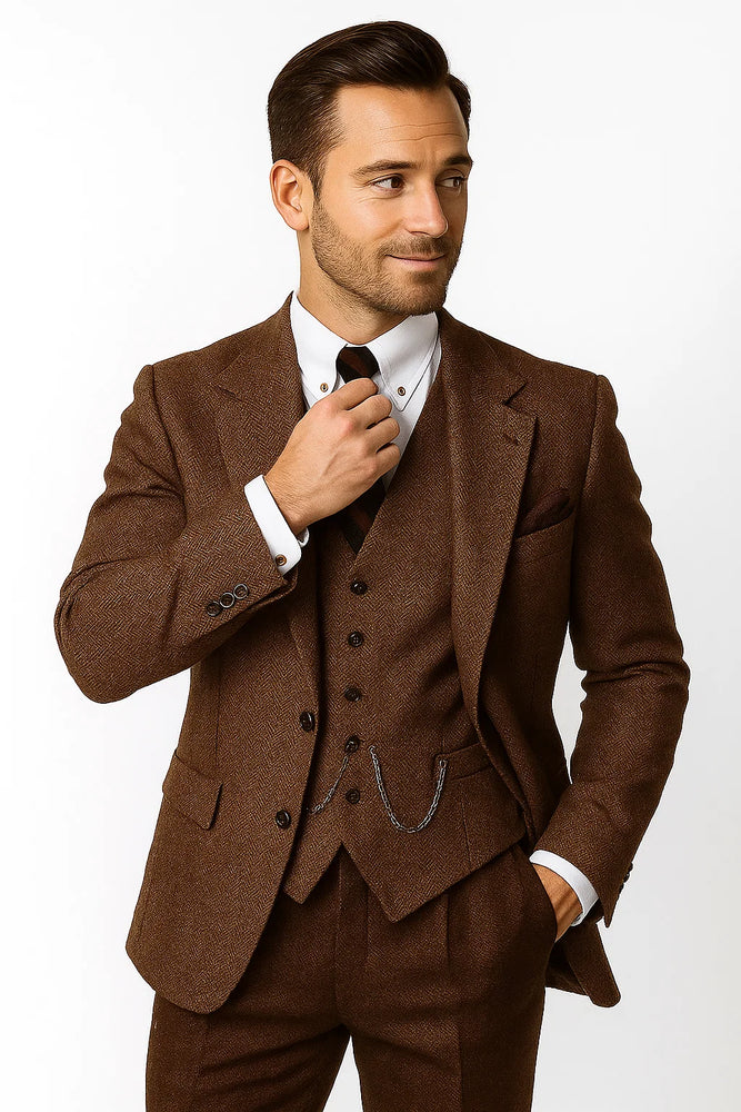 Mens Vested Great Gatsby Tweed Herringbone Tobey Maguire Suit in Light Brown