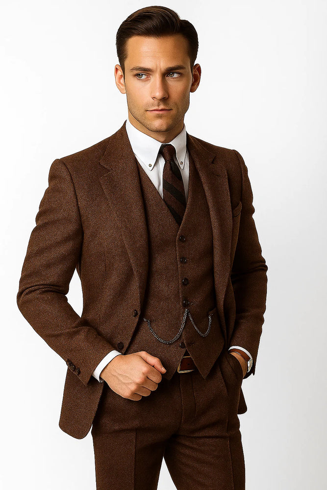 Mens Vested Great Gatsby Tweed Herringbone Tobey Maguire Suit in Light Brown