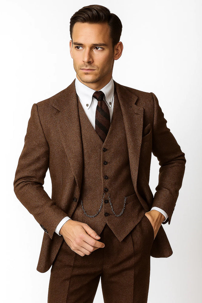 Mens Vested Great Gatsby Tweed Herringbone Tobey Maguire Suit in Light Brown