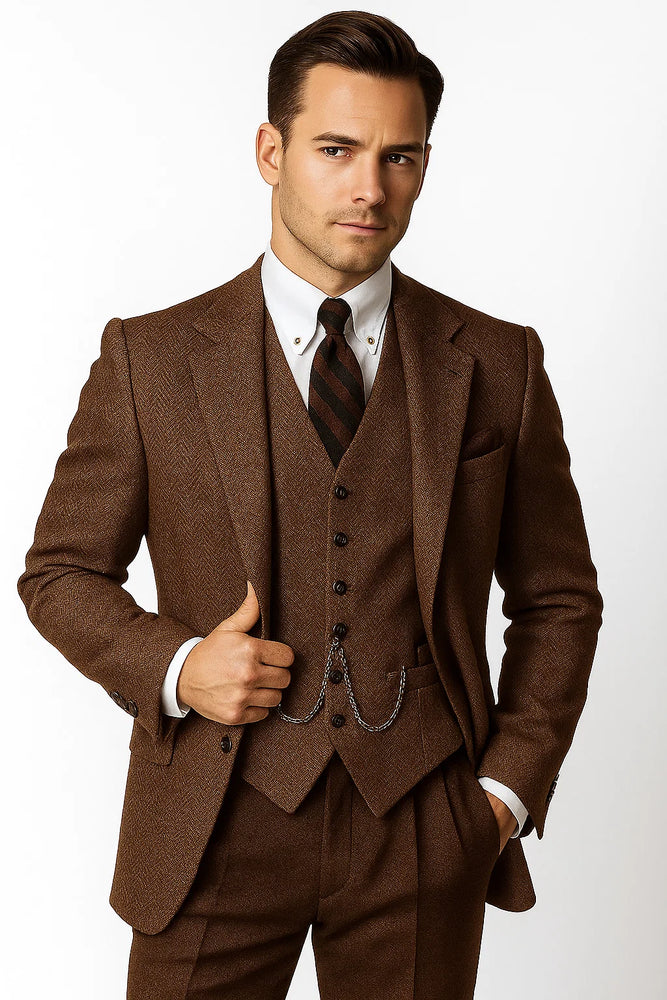 Mens Vested Great Gatsby Tweed Herringbone Tobey Maguire Suit in Light Brown