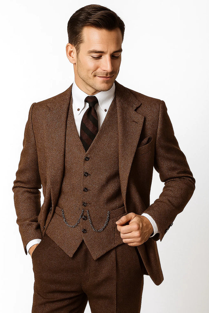 Mens Vested Great Gatsby Tweed Herringbone Tobey Maguire Suit in Light Brown