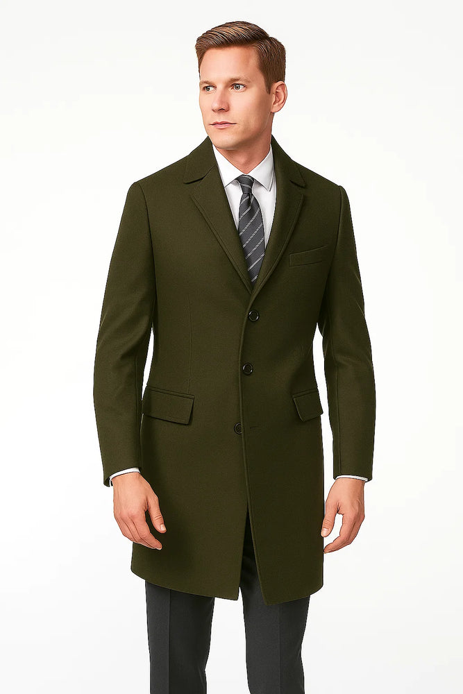 Men's Olive Green Two Button Designer Men's Peacoat Sale Long Jacket Men's Carcoat - Car Coat Mid Length Three Quarter Length Coat