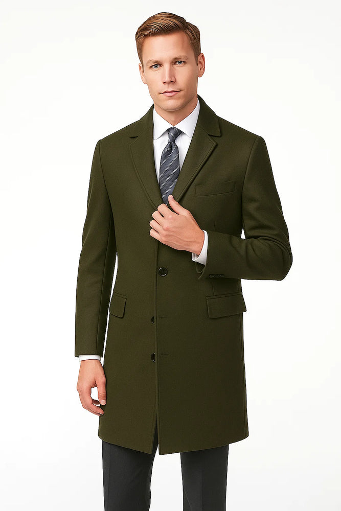 Men's Olive Green Two Button Designer Men's Peacoat Sale Long Jacket Men's Carcoat - Car Coat Mid Length Three Quarter Length Coat
