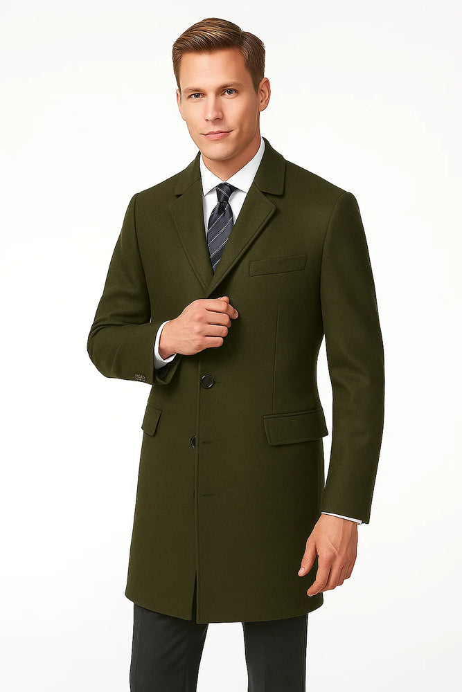 Men's Olive Green Two Button Designer Men's Peacoat Sale Long Jacket Men's Carcoat - Car Coat Mid Length Three Quarter Length Coat