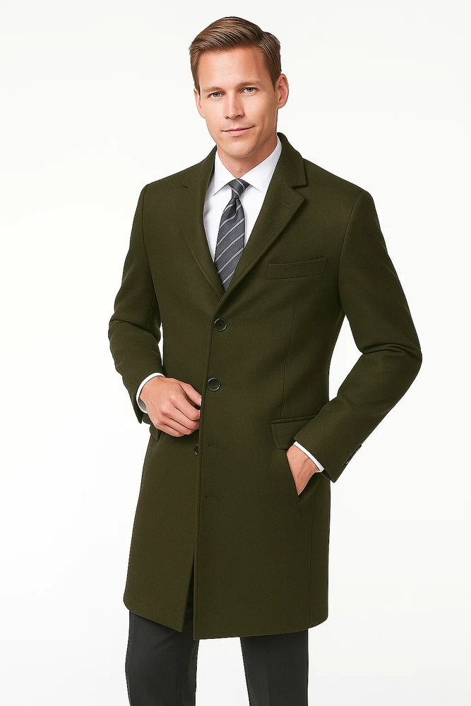 Men's Olive Green Two Button Designer Men's Peacoat Sale Long Jacket Men's Carcoat - Car Coat Mid Length Three Quarter Length Coat