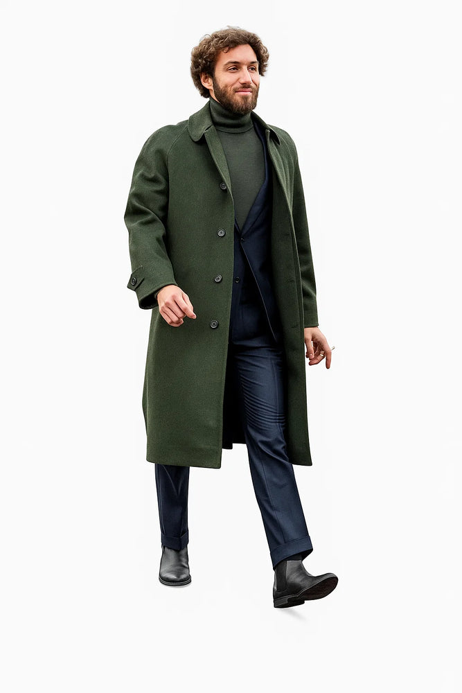 Men’s Olive Green Wool Overcoat Outfit – Winter Business Casual Style