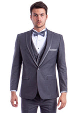 Azzuro Men's Grey 1-Btn Peak Wedding Tuxedo w/ Luxe Satin Trim - Elegant Mensattire