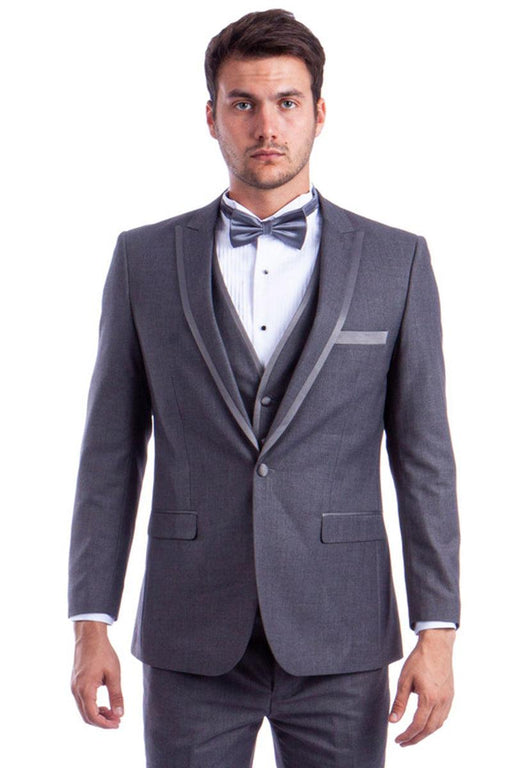 Azzuro Men's Grey 1-Btn Peak Wedding Tuxedo w/ Luxe Satin Trim - USA Men's Outlet