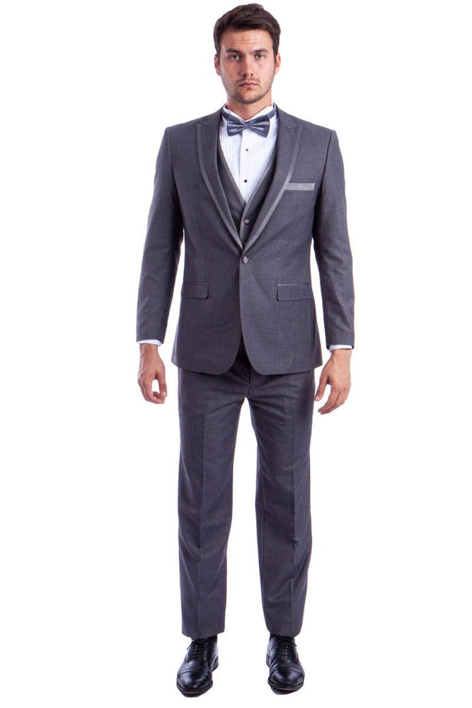 Azzuro Men's Grey 1-Btn Peak Wedding Tuxedo w/ Luxe Satin Trim - USA Men's Outlet