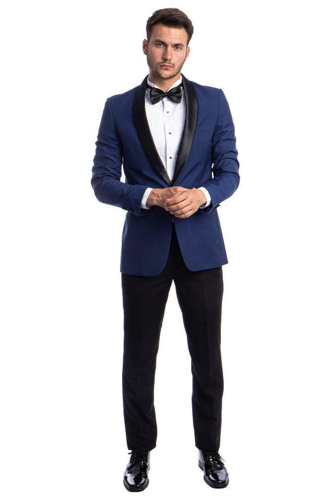 Azzuro Men's One Button Skinny Fit Blue Shawl Prom Tuxedo - USA Men's Outlet