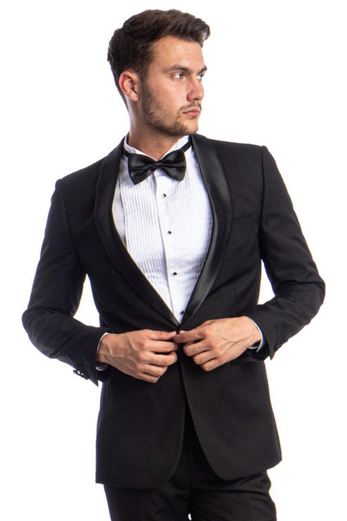 Azzurro Men's Black Skinny Fit One-Button Shawl Prom Tuxedo - Elegant Mensattire