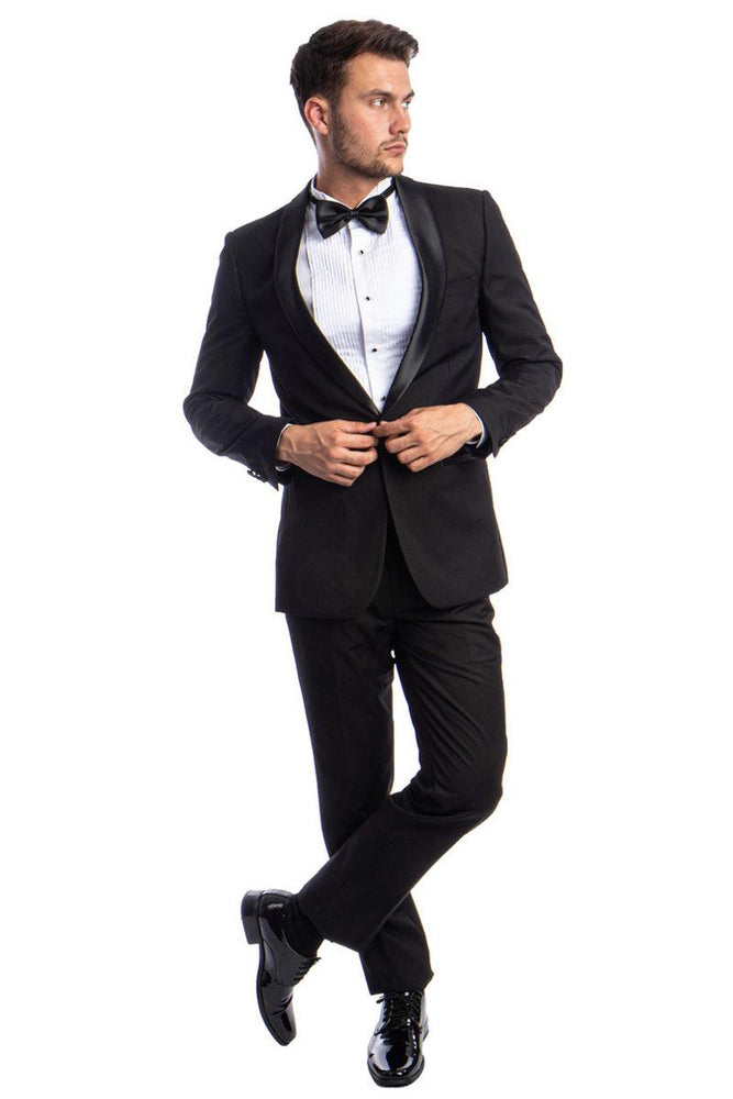 Azzurro Men's Black Skinny Fit One-Button Shawl Prom Tuxedo - USA Men's Outlet