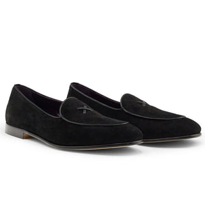 Zelli Hand-Stitched Sueded Goatskin Loafer with Crocodile Vamp in Black