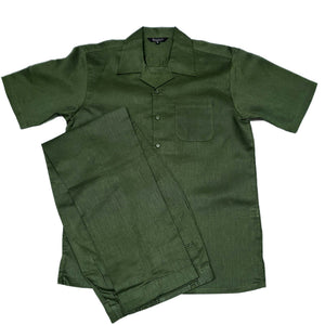 Mens Hunter Green Linen Shirt and Pants Casual Outfit Set