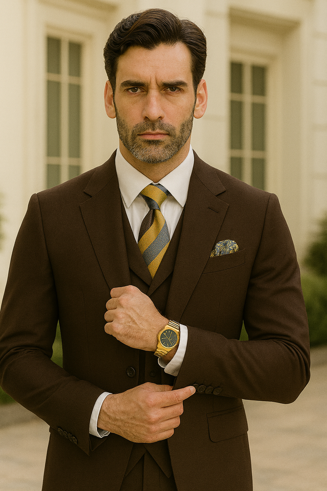 Super 150s Merino Wool Brown Vested Suit with Wide Peak Lapel