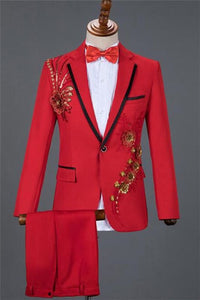 Red Sequin Embroidery Lace Floral Men Tuxedo | Fashion One Button Prom Men Suits Online Red And Gold Prom Suits