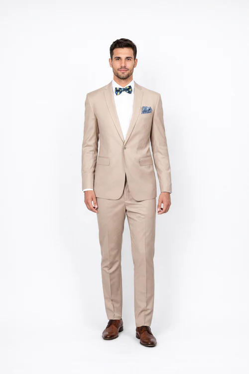 Beige Slim Fit Suit for Men by Rossiman Rossi | Tailored Skinny Fit Formal Suit – Italian 3-Piece Luxury Design
