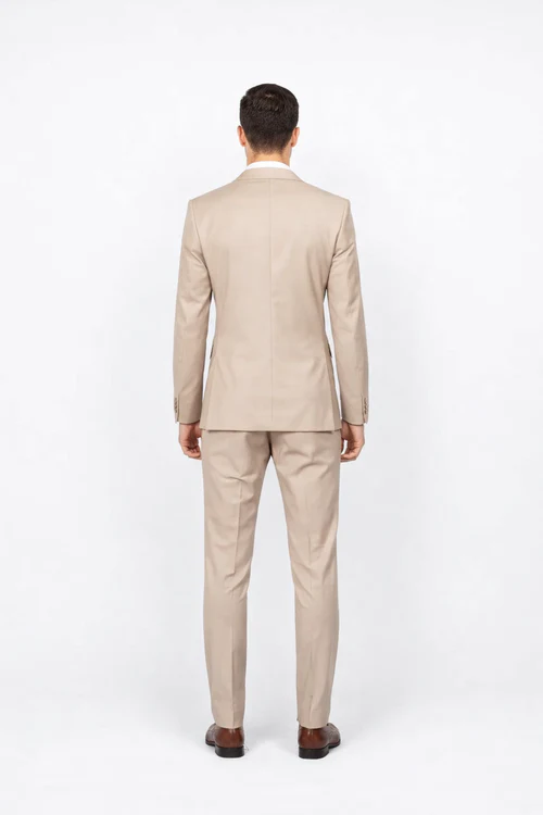 Beige Slim Fit Suit for Men by Rossiman Rossi | Tailored Skinny Fit Formal Suit – Italian 3-Piece Luxury Design
