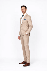 Beige Slim Fit Suit for Men by Rossiman Rossi | Tailored Skinny Fit Formal Suit – Italian 3-Piece Luxury Design