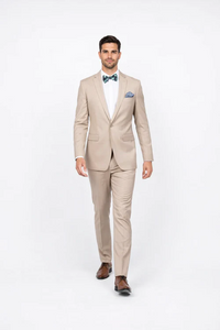 Beige Slim Fit Suit for Men by Rossiman Rossi | Tailored Skinny Fit Formal Suit – Italian 3-Piece Luxury Design