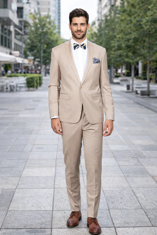 Beige Slim Fit Suit for Men by Rossiman Rossi | Tailored Skinny Fit Formal Suit – Italian 3-Piece Luxury Design