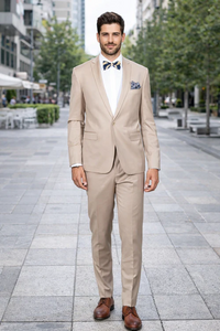 Beige Slim Fit Suit for Men by Rossiman Rossi | Tailored Skinny Fit Formal Suit – Italian 3-Piece Luxury Design