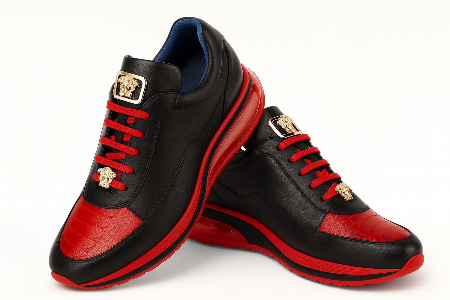 Belvedere  Flash Men's Shoes Black & Red Exotic Ostrich / Calf-skin Leather Casual Sneakers