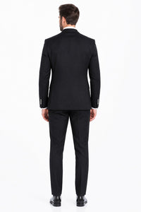 Men's Black Statement Ticket Pocket Peak Lapel Wool Double Breasted Vest Suit with Silver Buttons – Modern Fit