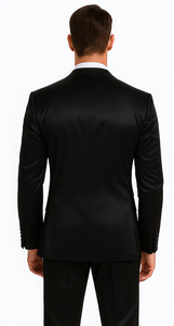Black Satin Double Breasted 3 Piece Skinny Fit Tazzio Men's Suit with Peak Lapel