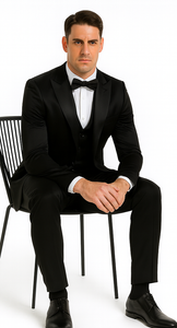 Black Satin Double Breasted 3 Piece Skinny Fit Tazzio Men's Suit with Peak Lapel