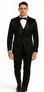 Black Satin Double Breasted 3 Piece Skinny Fit Tazzio Men's Suit with Peak Lapel
