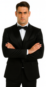 Black Satin Double Breasted 3 Piece Skinny Fit Tazzio Men's Suit with Peak Lapel