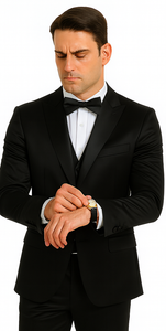 Black Satin Double Breasted 3 Piece Skinny Fit Tazzio Men's Suit with Peak Lapel