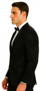 Black Satin Double Breasted 3 Piece Skinny Fit Tazzio Men's Suit with Peak Lapel