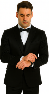 Black Satin Double Breasted 3 Piece Skinny Fit Tazzio Men's Suit with Peak Lapel