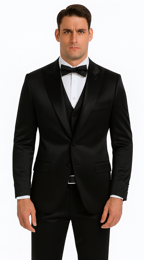 Black Satin Double Breasted 3 Piece Skinny Fit Tazzio Men's Suit with Peak Lapel