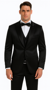 Black Satin Double Breasted 3 Piece Skinny Fit Tazzio Men's Suit with Peak Lapel